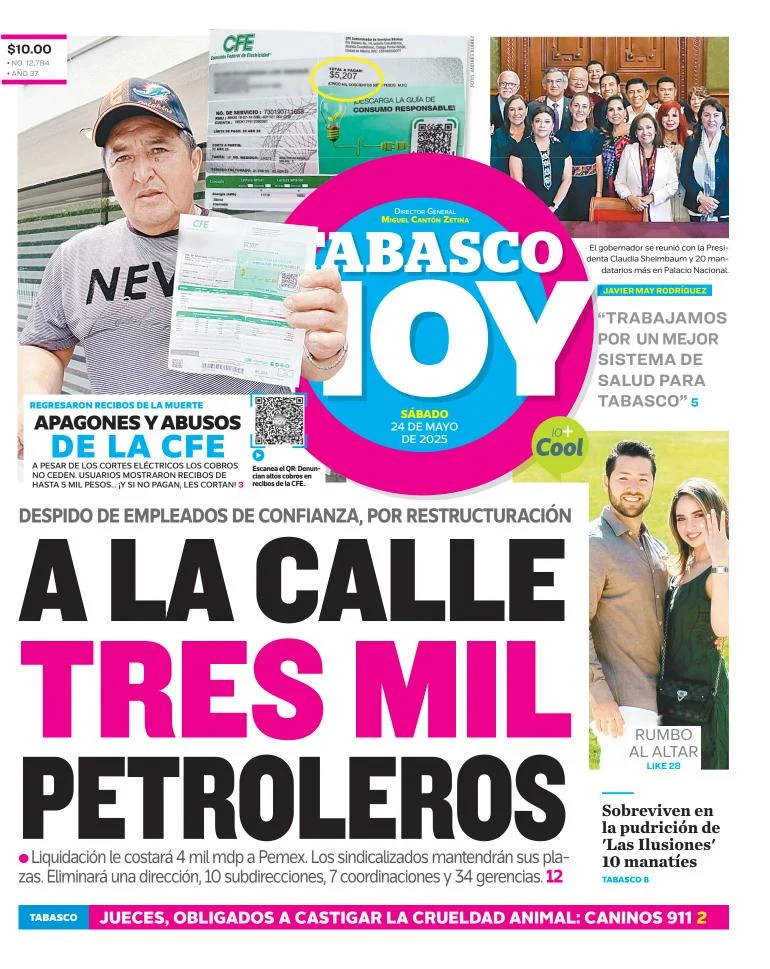 Portada de Tabasco Hoy del sábado, 24 de mayo de 2025