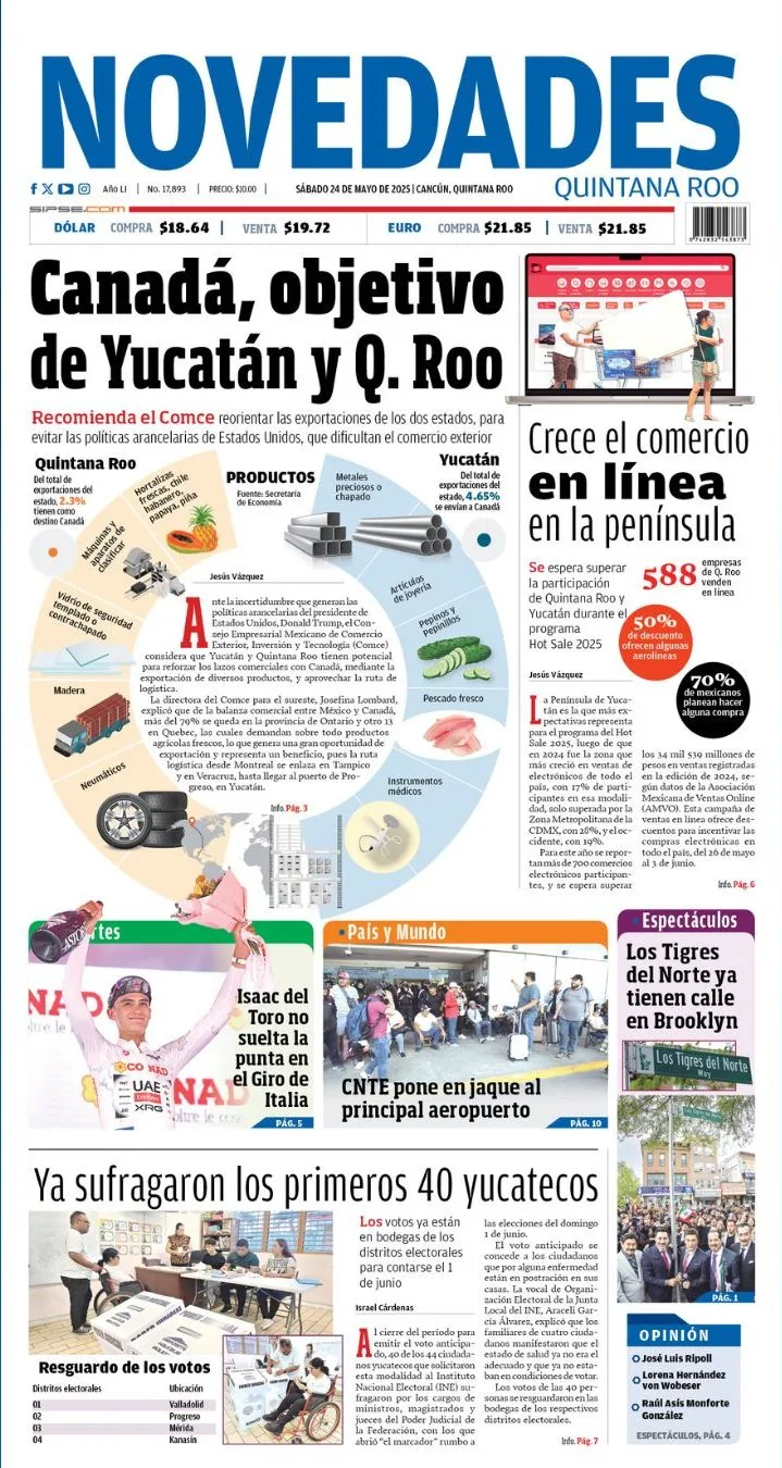 Portada de Novedades Quintana Roo del sábado, 24 de mayo de 2025