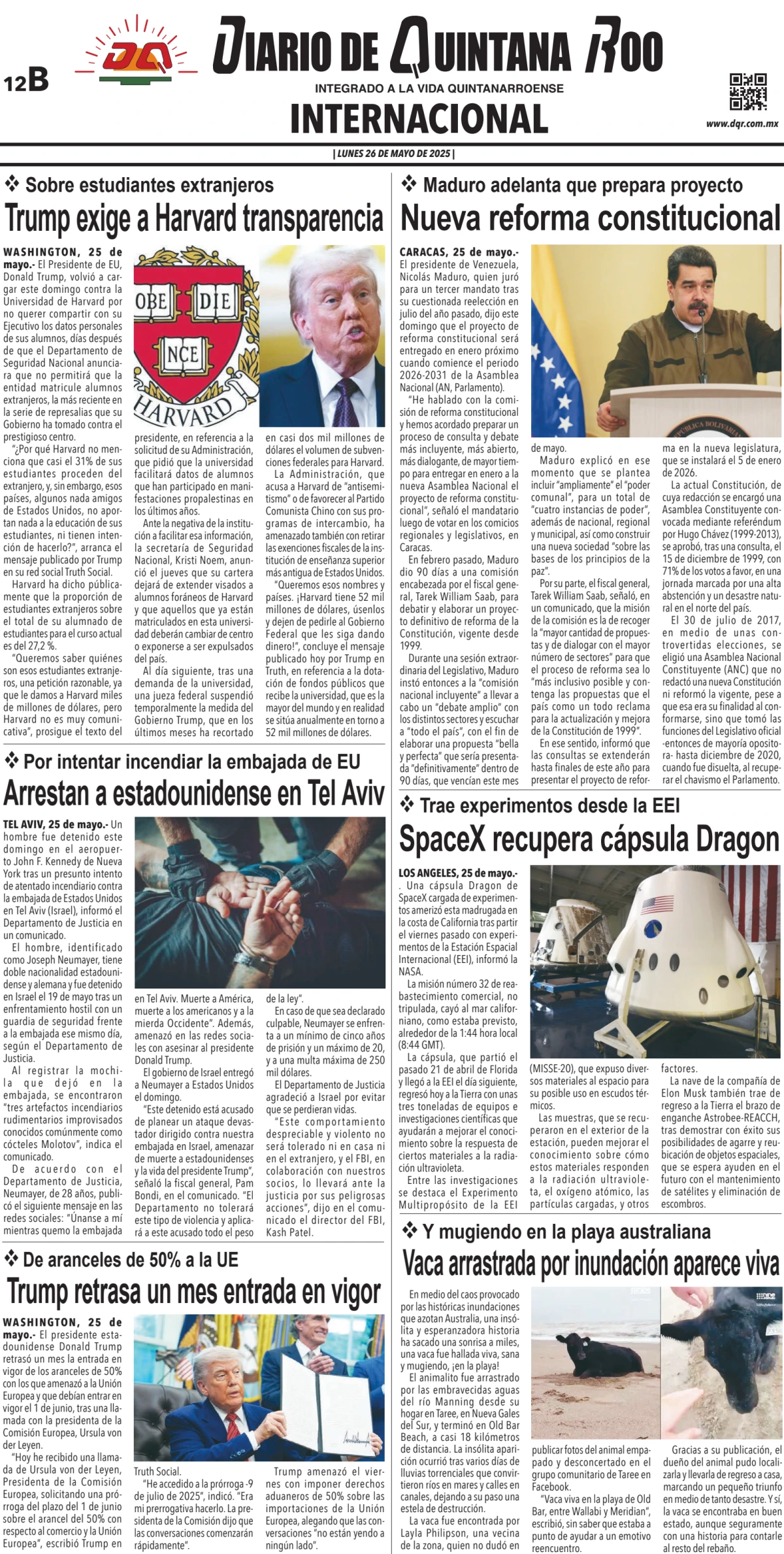 Portada de Diario de Quintana Roo (contra Portada)