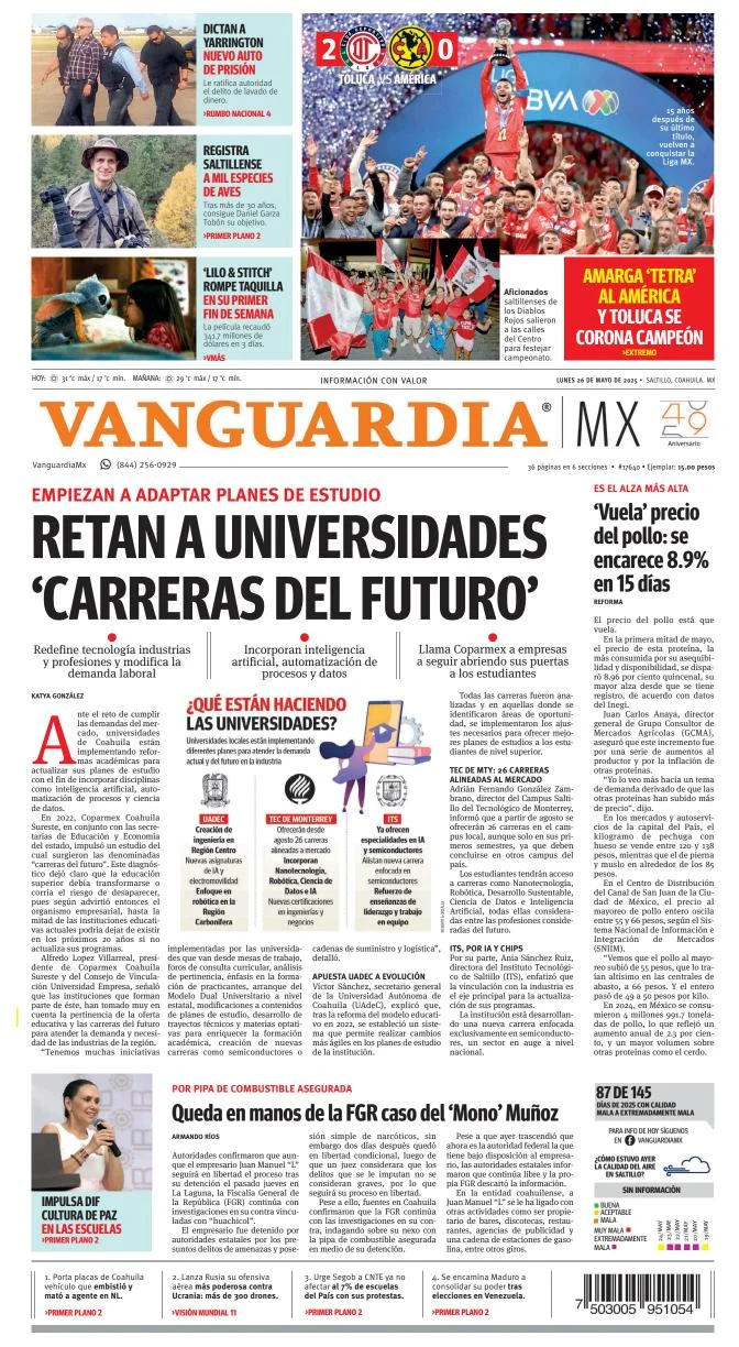 Portada de Vanguardia del lunes, 26 de mayo de 2025