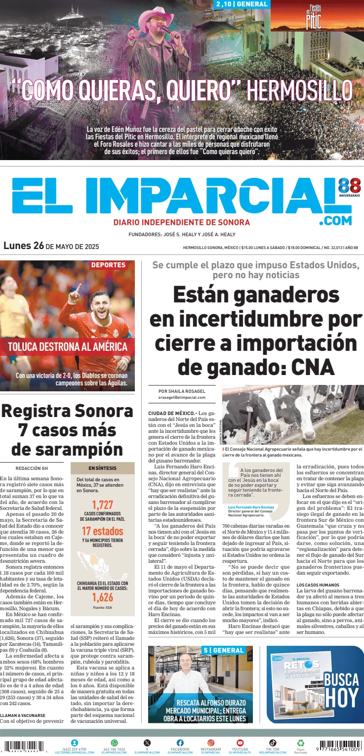 Portada de El Imparcial del lunes, 26 de mayo de 2025