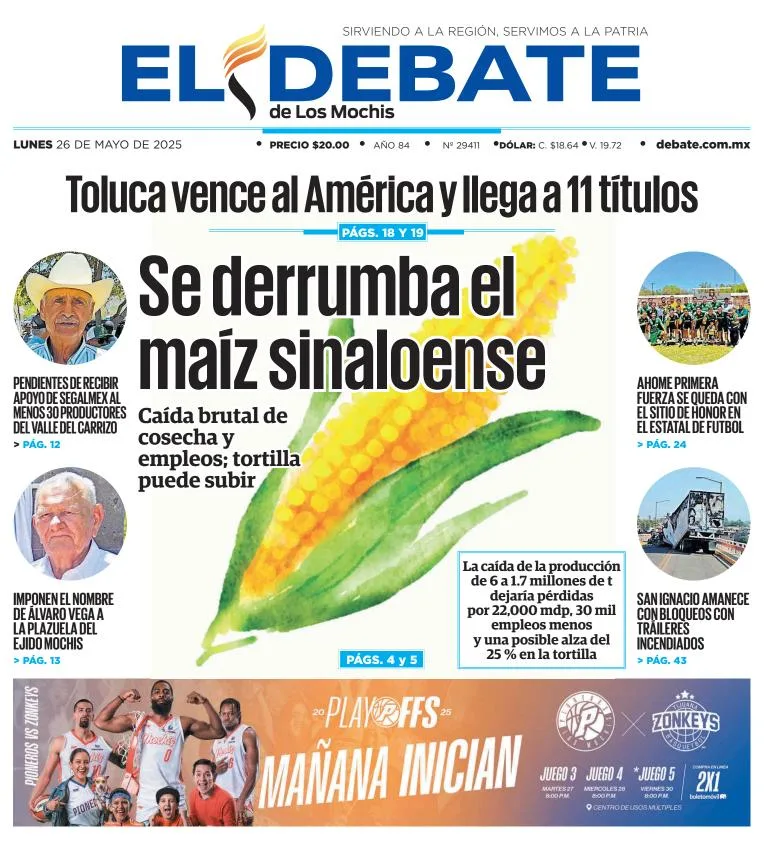 Portada de El Debate de los Mochis del lunes, 26 de mayo de 2025