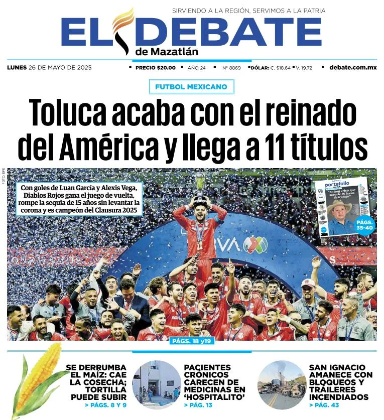 Portada de El Debate de Mazatlan del lunes, 26 de mayo de 2025