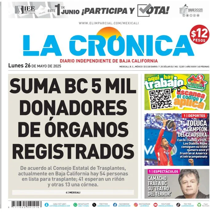 Portada de La Cronica del lunes, 26 de mayo de 2025