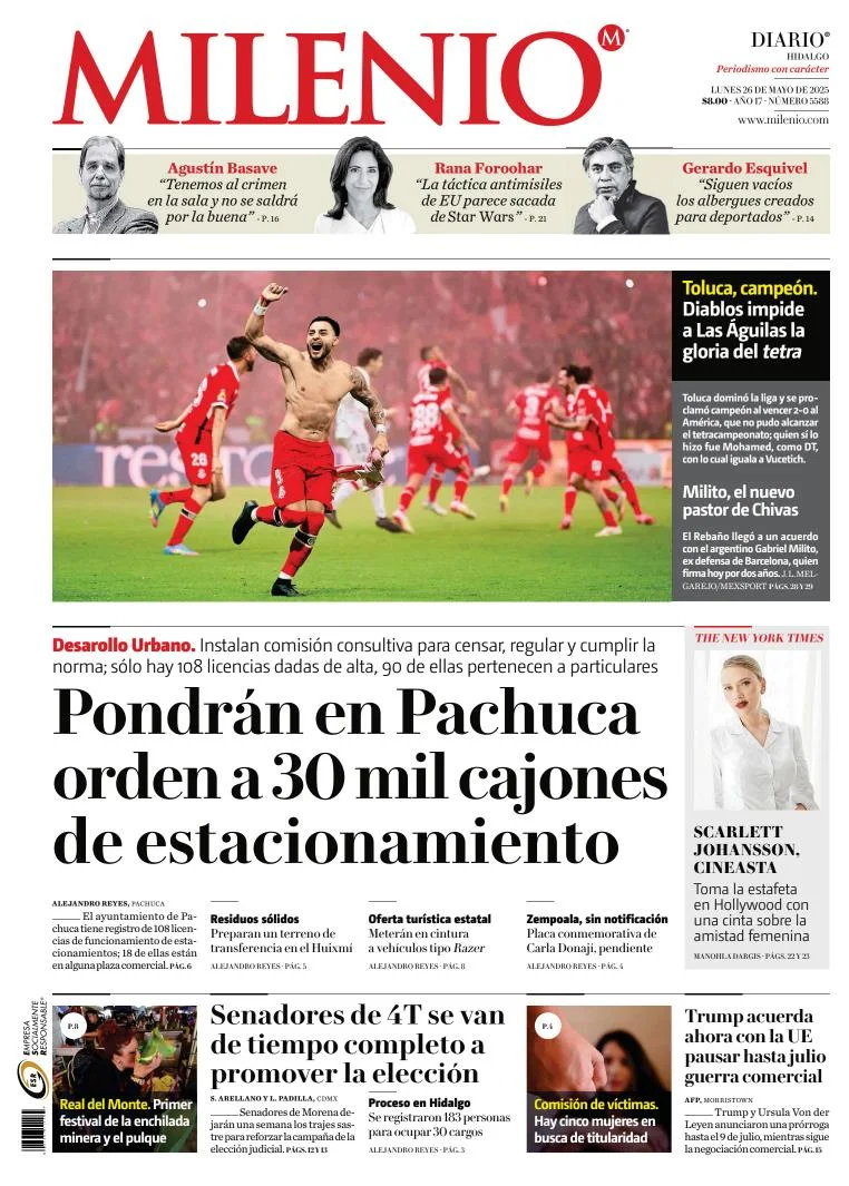 Portada de Milenio Hidalgo del lunes, 26 de mayo de 2025