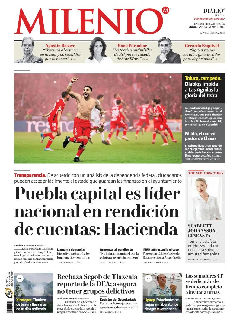Portada de Milenio Puebla del lunes, 26 de mayo de 2025