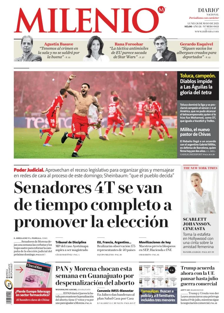 Portada de Milenio del lunes, 26 de mayo de 2025