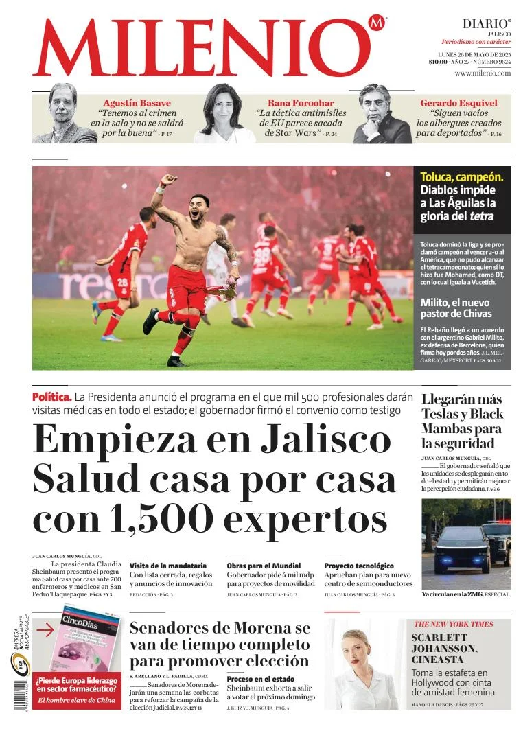 Portada de Milenio Jalisco del lunes, 26 de mayo de 2025