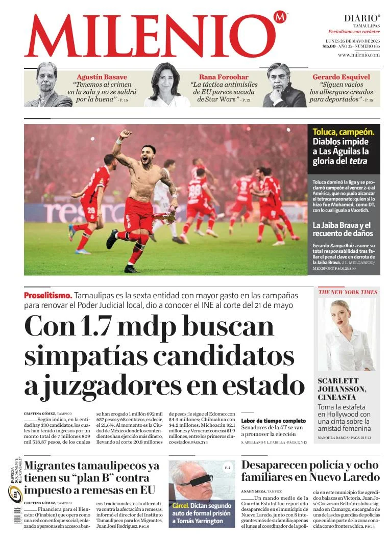 Portada de Milenio Tamaulipas del lunes, 26 de mayo de 2025