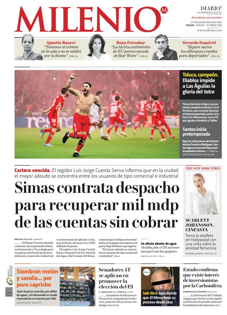 Portada de Milenio Laguna del lunes, 26 de mayo de 2025