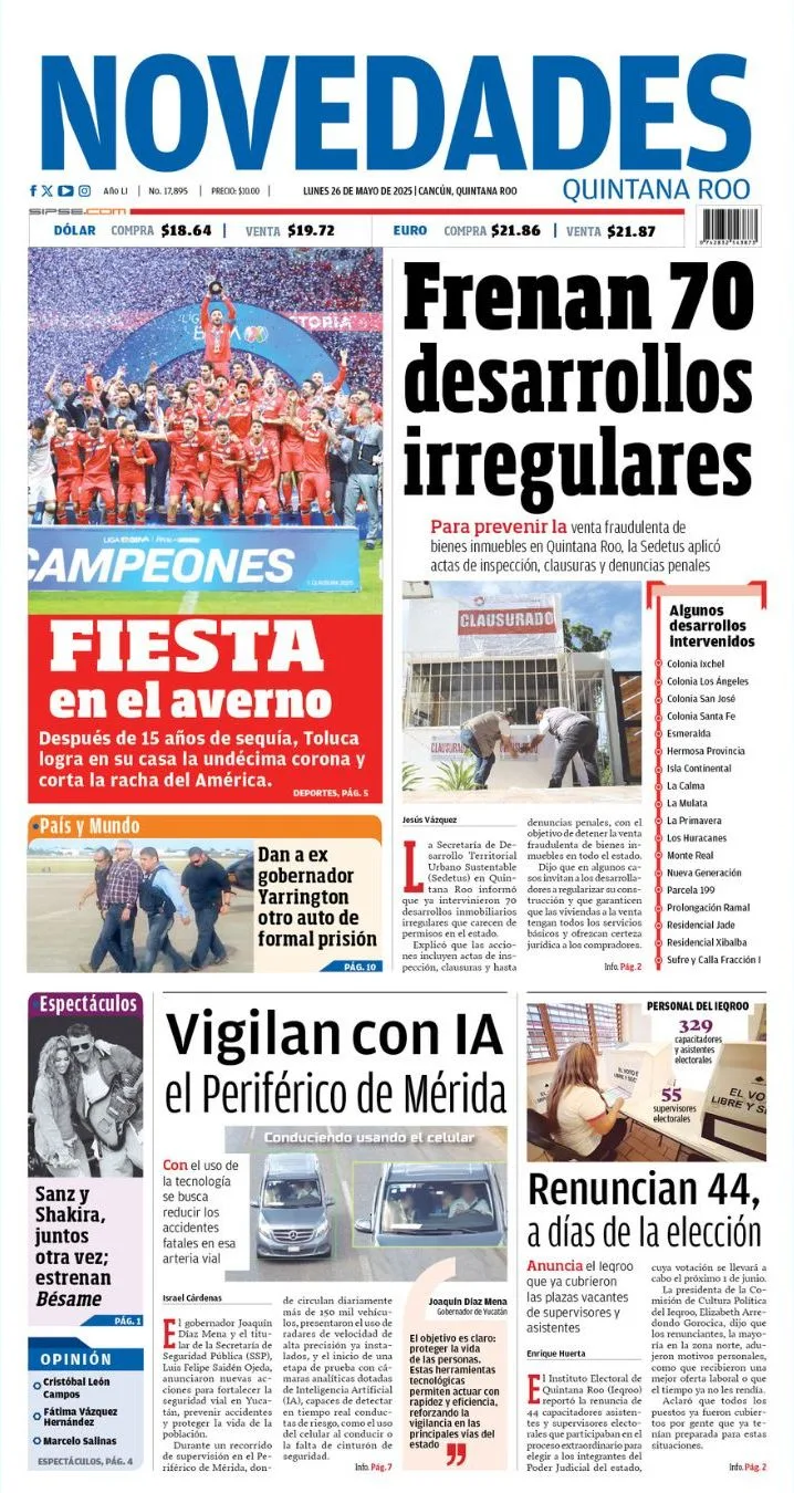 Portada de Novedades Quintana Roo del lunes, 26 de mayo de 2025