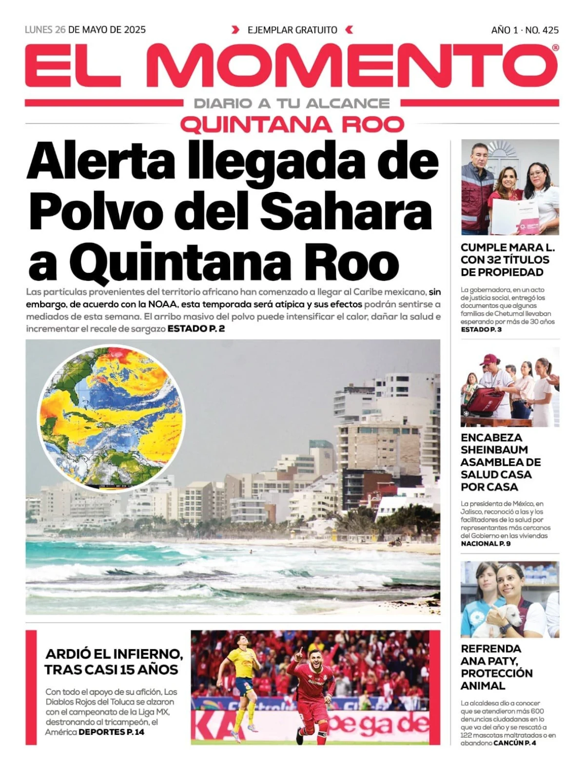 Portada de El Momento Quintana Roo del lunes, 26 de mayo de 2025