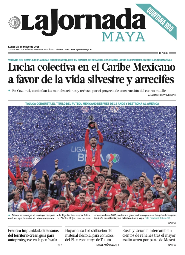 Portada de La Jornada Maya Quintana Roo del lunes, 26 de mayo de 2025