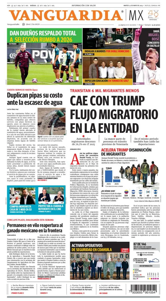 Portada de Vanguardia del martes, 27 de mayo de 2025