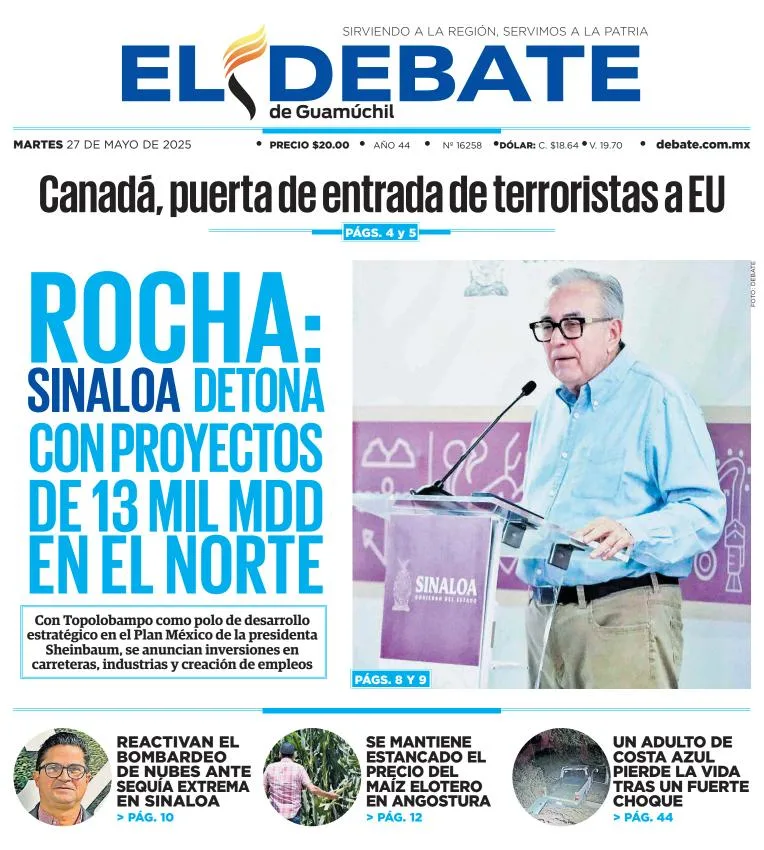 Portada de El Debate de Guamuchil del martes, 27 de mayo de 2025