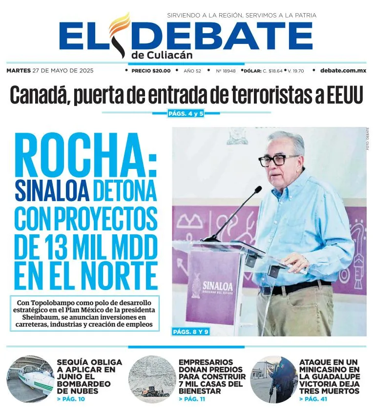 Portada de El Debate de Culiacan del martes, 27 de mayo de 2025
