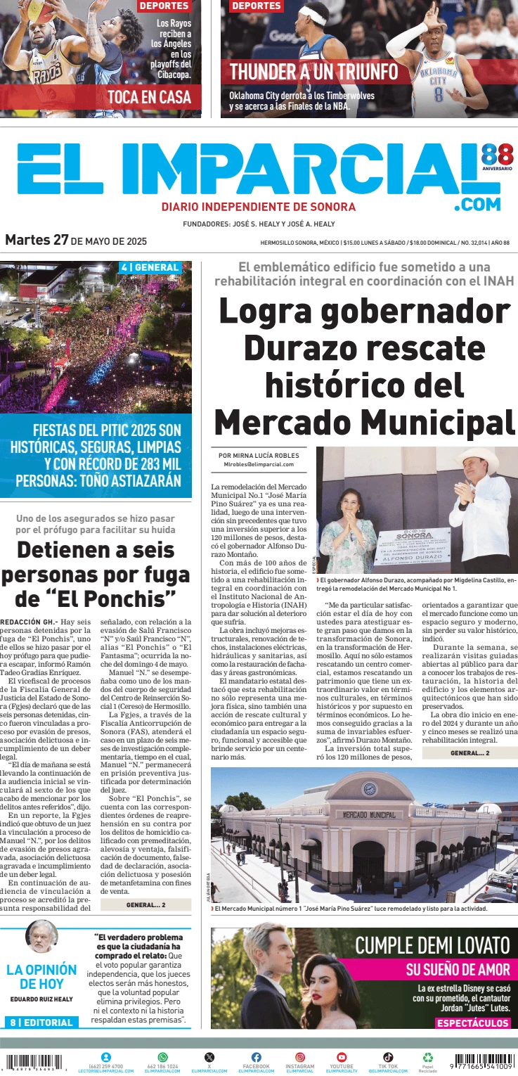 Portada de El Imparcial del martes, 27 de mayo de 2025