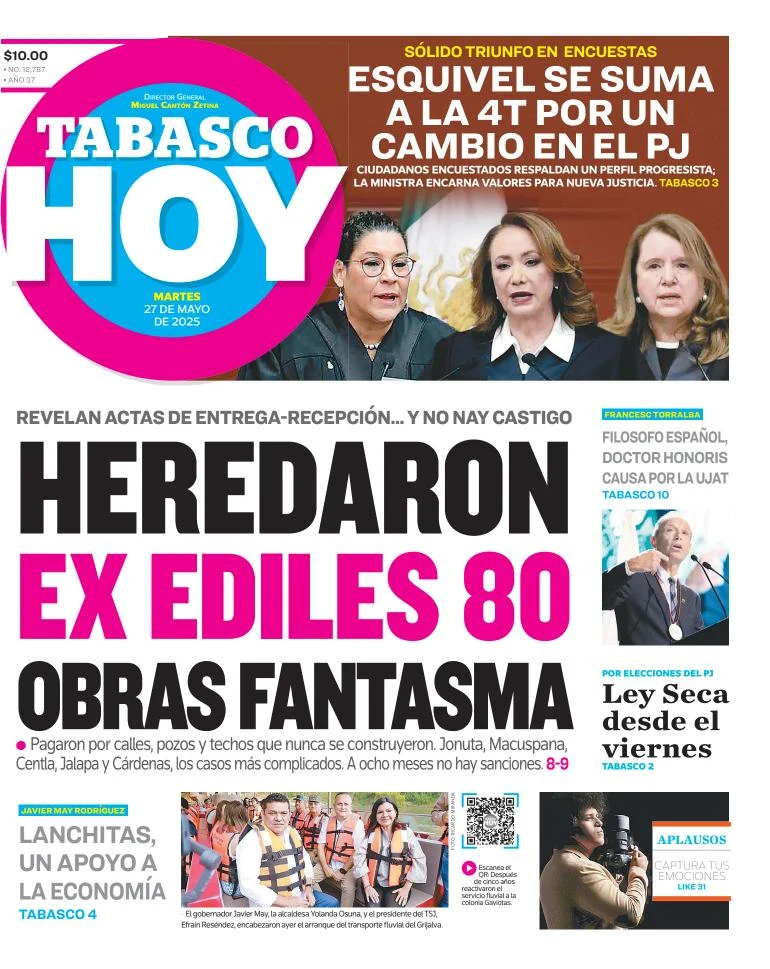 Portada de Tabasco Hoy del martes, 27 de mayo de 2025
