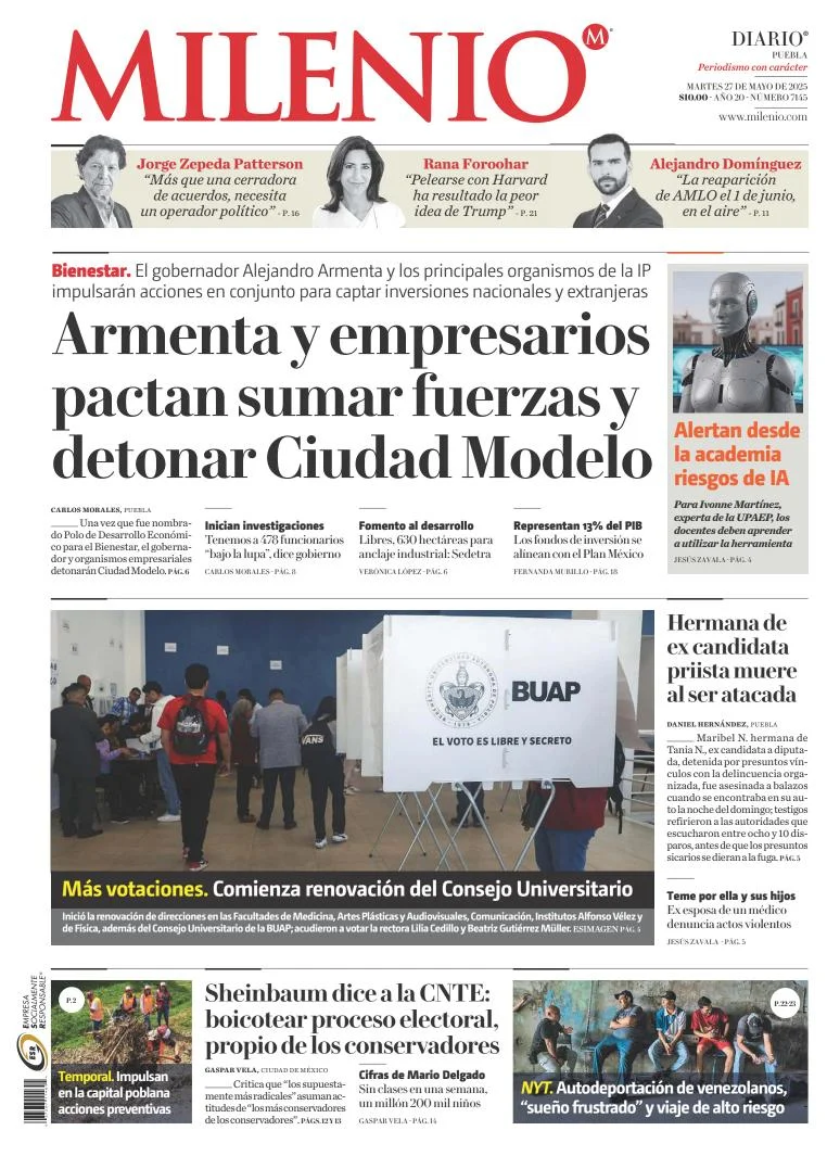Portada de Milenio Puebla del martes, 27 de mayo de 2025