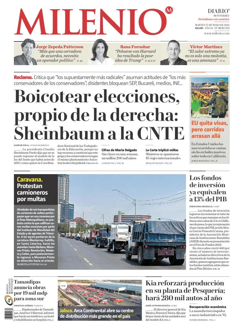Portada de MILENIO del martes, 27 de mayo de 2025