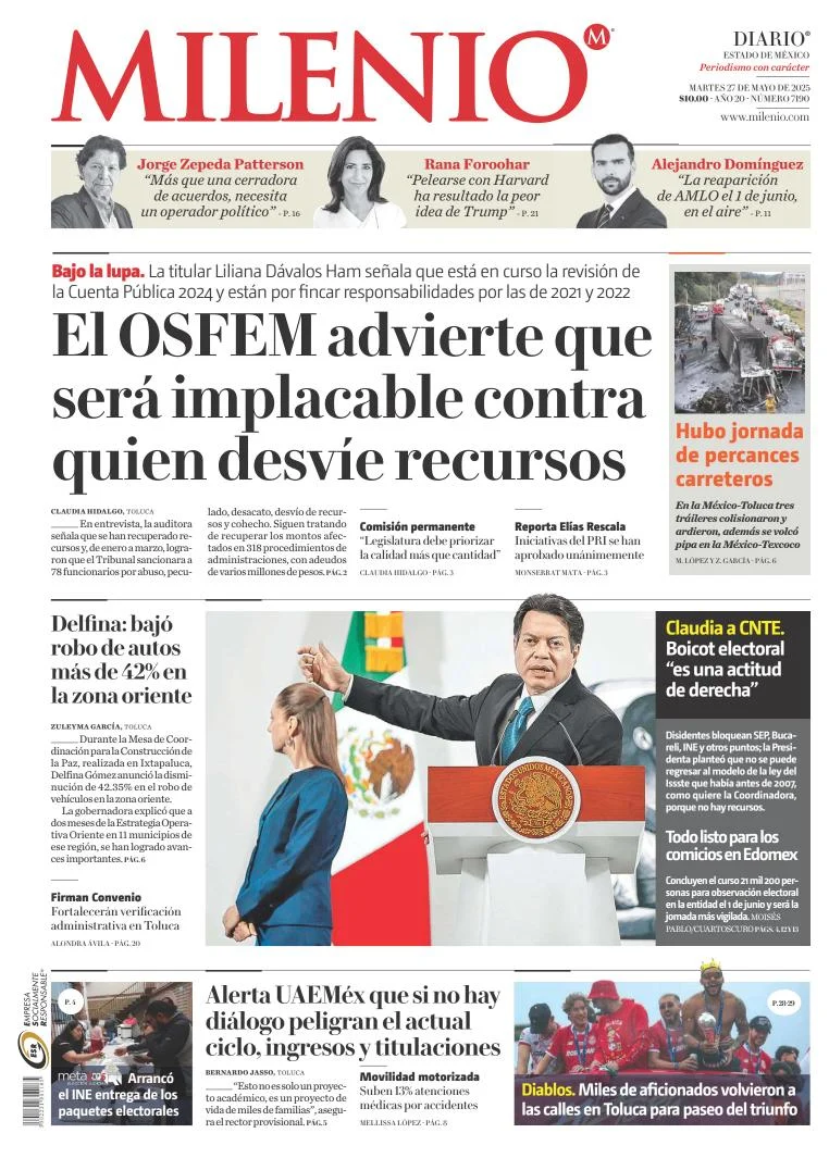 Portada de Milenio Edo de Mexico del martes, 27 de mayo de 2025