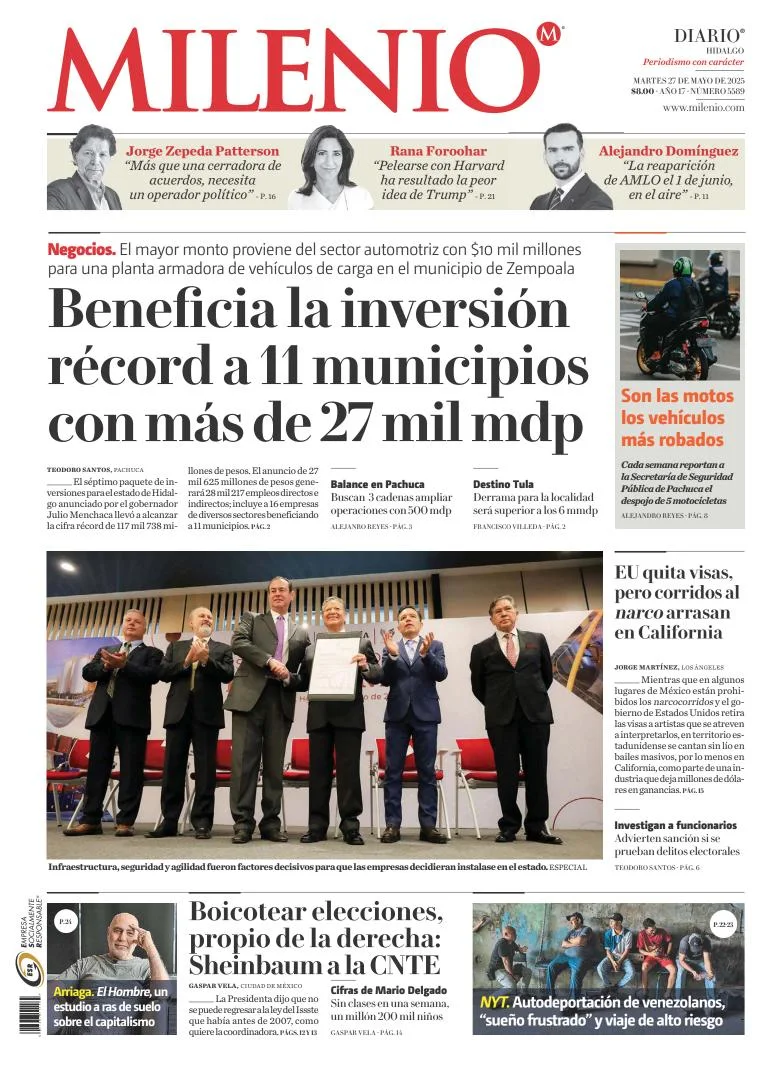 Portada de Milenio Hidalgo del martes, 27 de mayo de 2025
