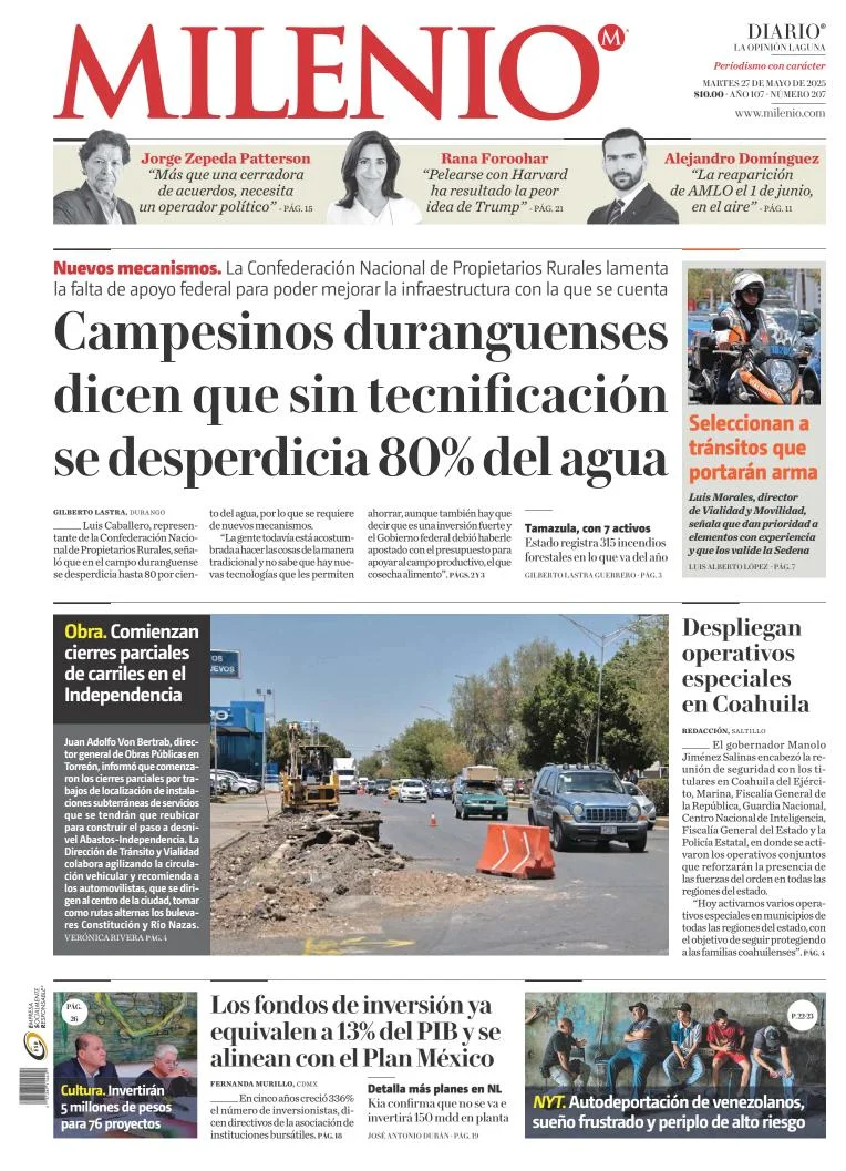 Portada de Milenio Laguna del martes, 27 de mayo de 2025