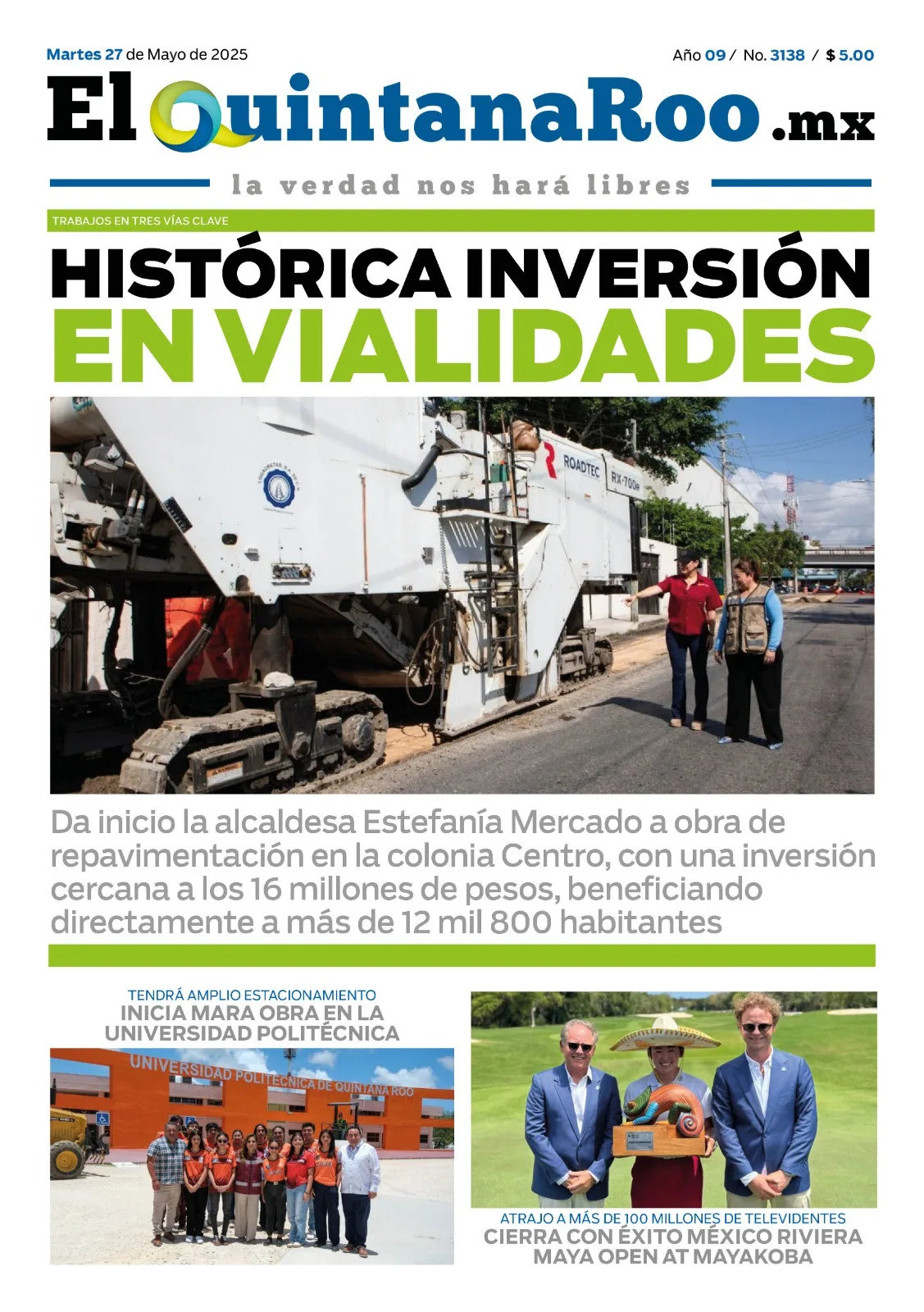 Portada de El Quintana Roo (portada) del martes, 27 de mayo de 2025
