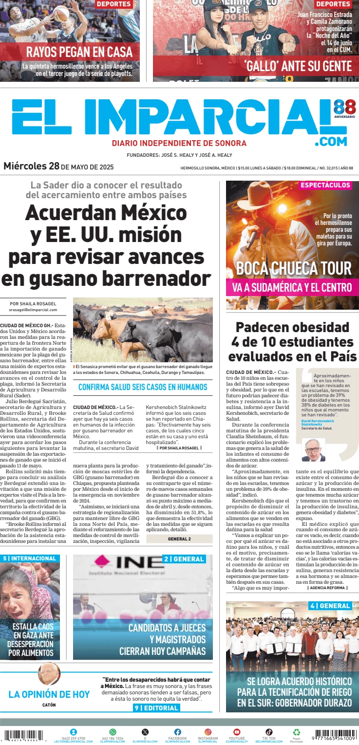 Portada de El Imparcial del miércoles, 28 de mayo de 2025