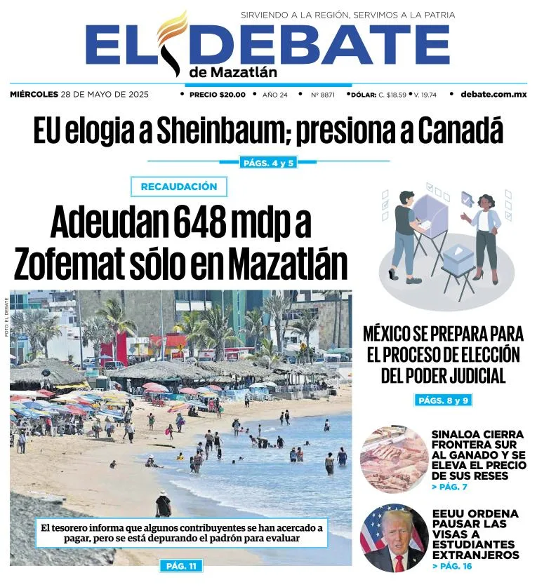 Portada de El Debate de Mazatlan del miércoles, 28 de mayo de 2025