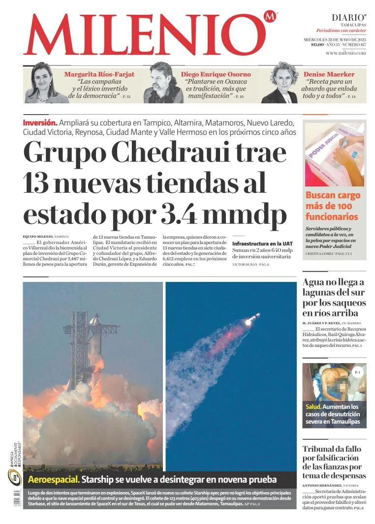 Portada de Milenio Tamaulipas del miércoles, 28 de mayo de 2025