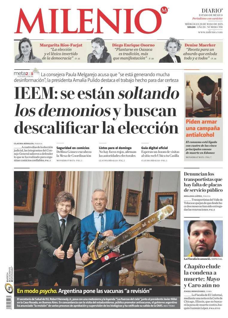 Portada de Milenio Edo de Mexico del miércoles, 28 de mayo de 2025