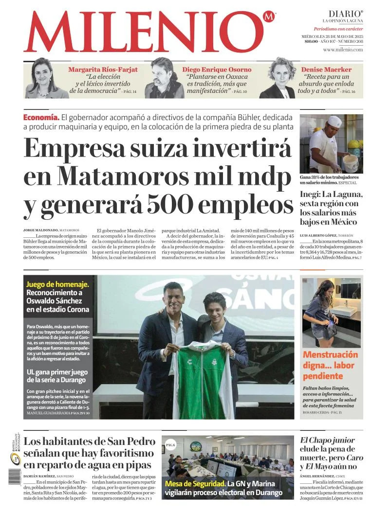 Portada de Milenio Laguna del miércoles, 28 de mayo de 2025