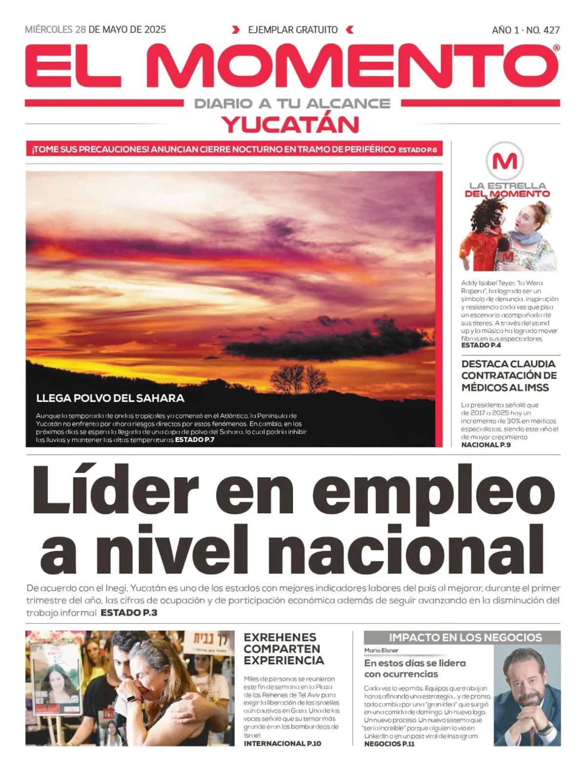 Portada de El Momento Yucatan del miércoles, 28 de mayo de 2025