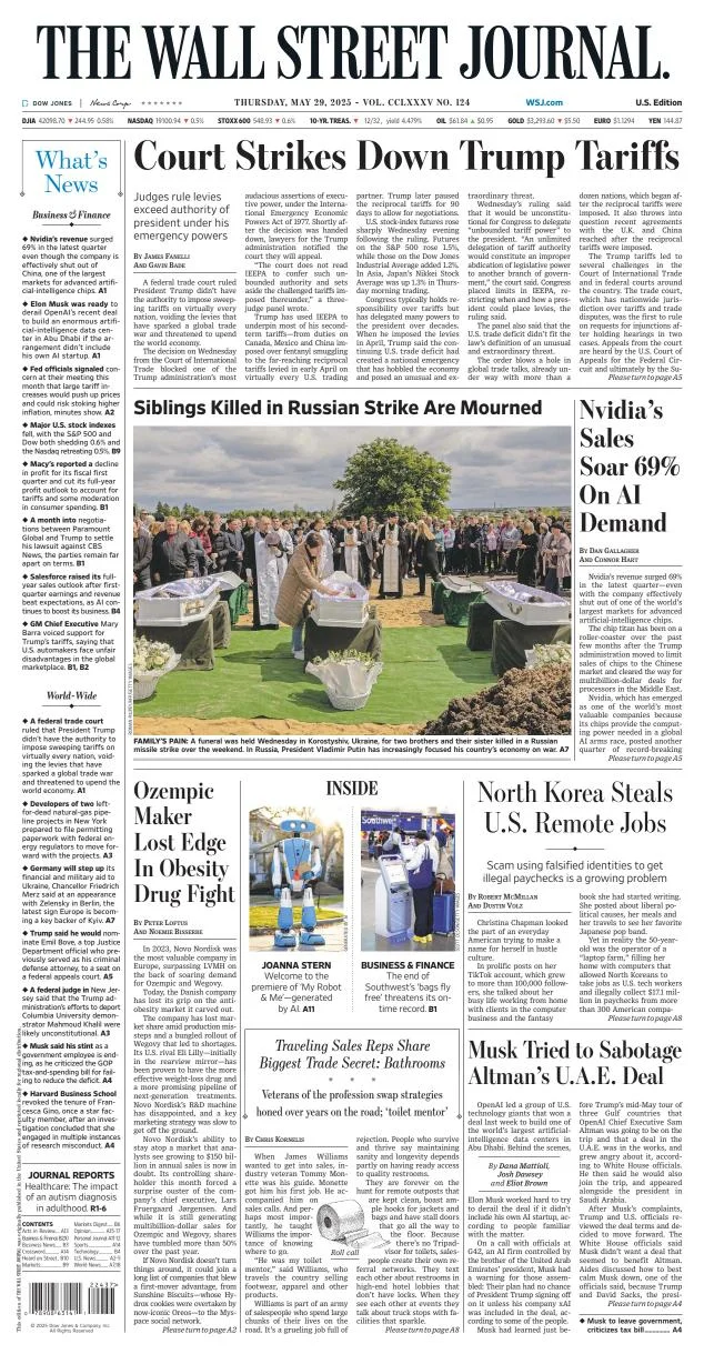 Portada de The Wall Street Journal del jueves, 29 de mayo de 2025