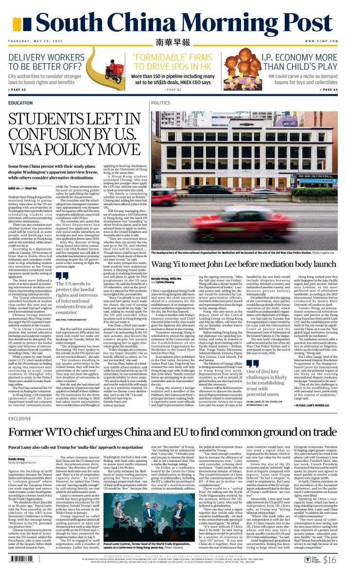 Portada de South China Morning Post del jueves, 29 de mayo de 2025