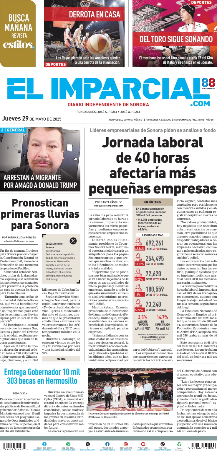Portada de El Imparcial del jueves, 29 de mayo de 2025