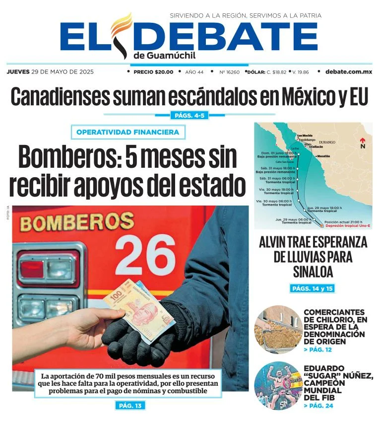 Portada de El Debate de Guamuchil del jueves, 29 de mayo de 2025