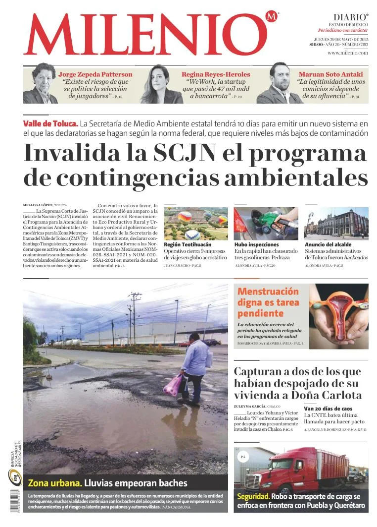 Portada de Milenio Edo de Mexico del jueves, 29 de mayo de 2025
