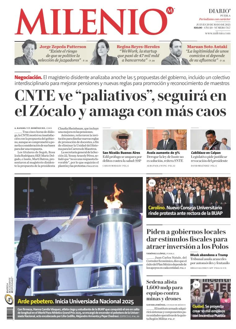 Portada de Milenio Puebla del jueves, 29 de mayo de 2025