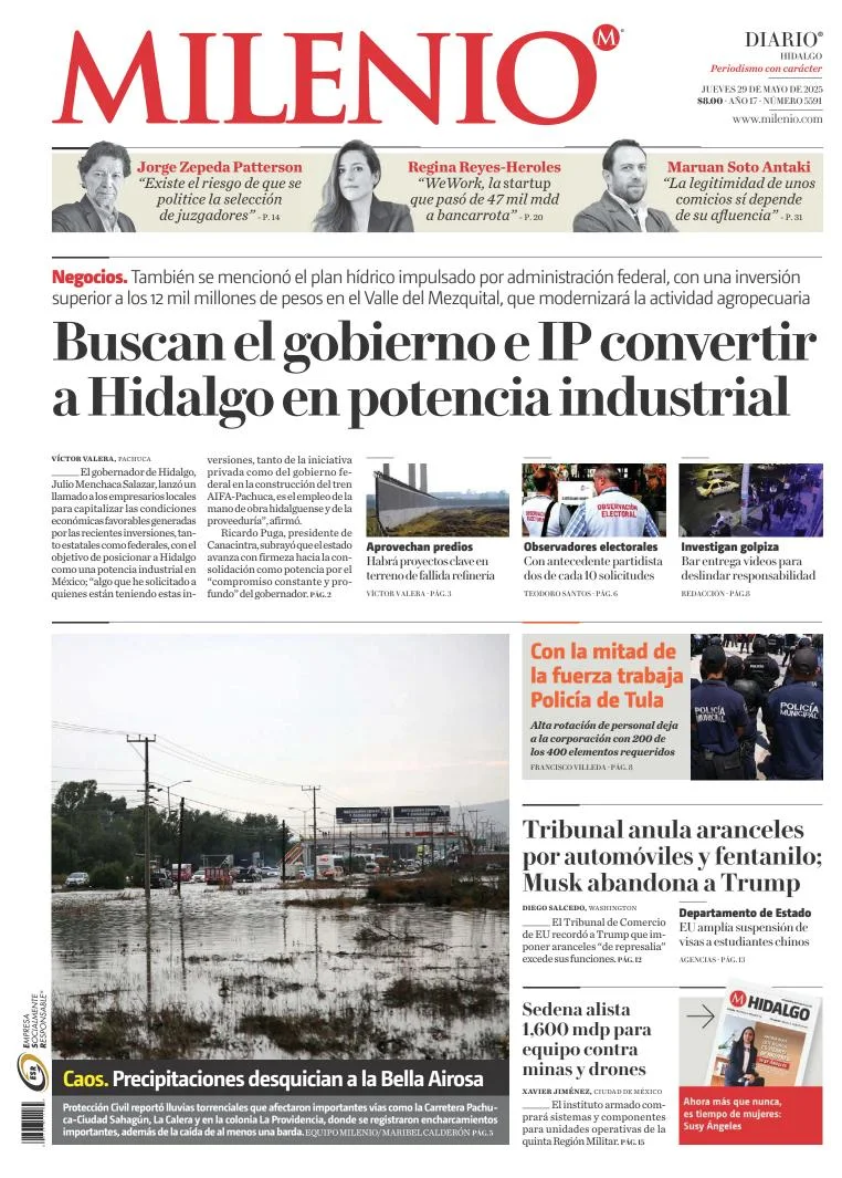 Portada de Milenio Hidalgo del jueves, 29 de mayo de 2025