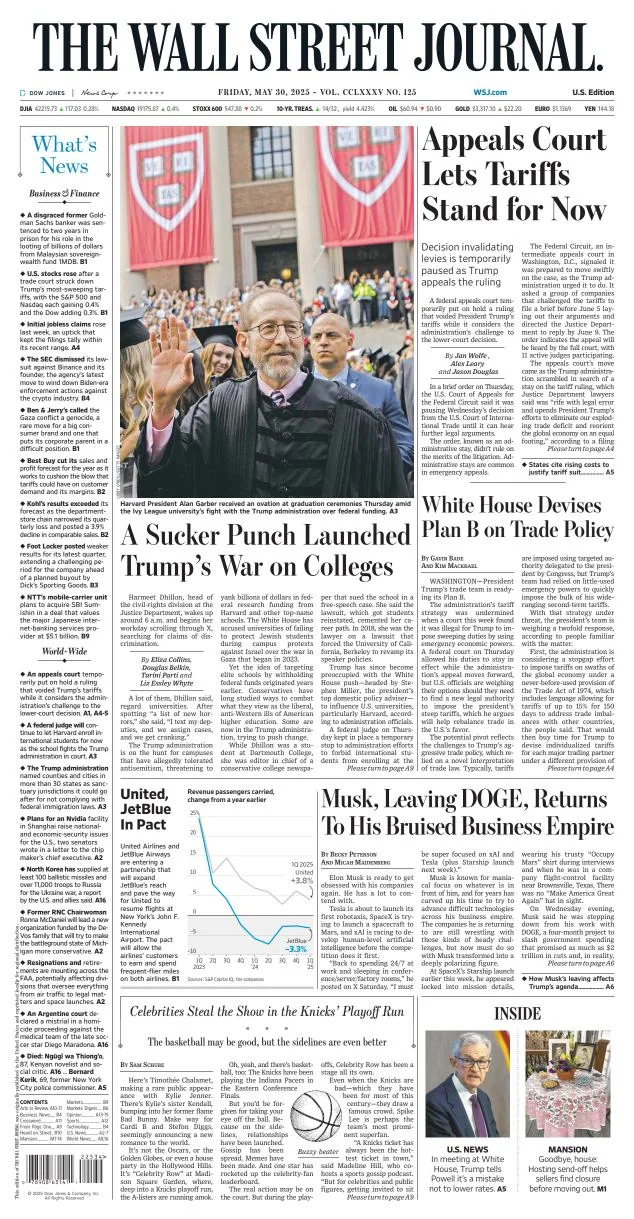 Portada de The Wall Street Journal del viernes, 30 de mayo de 2025