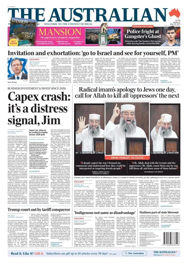 Portada de The Australian del viernes, 30 de mayo de 2025