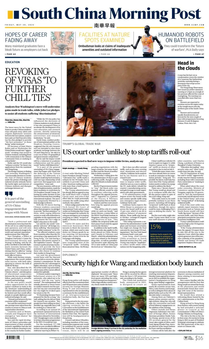 Portada de South China Morning Post del viernes, 30 de mayo de 2025
