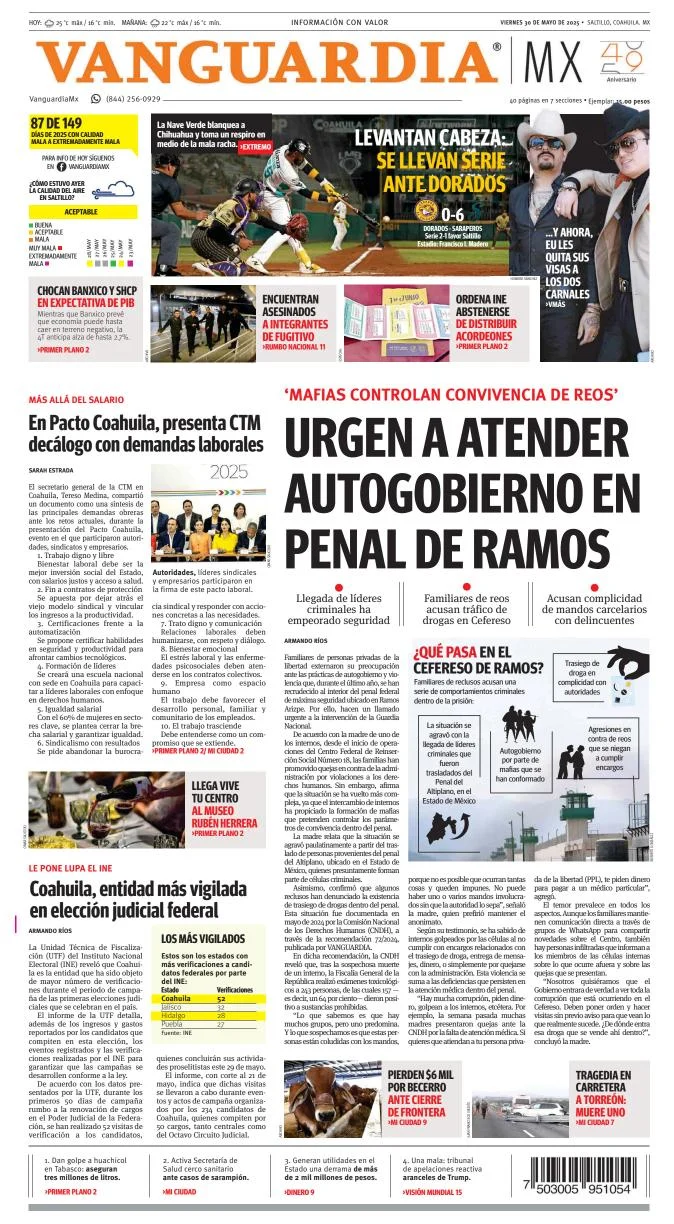 Portada de Vanguardia del viernes, 30 de mayo de 2025