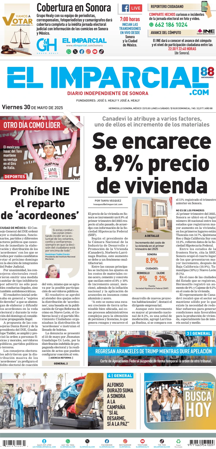 Portada de El Imparcial del viernes, 30 de mayo de 2025