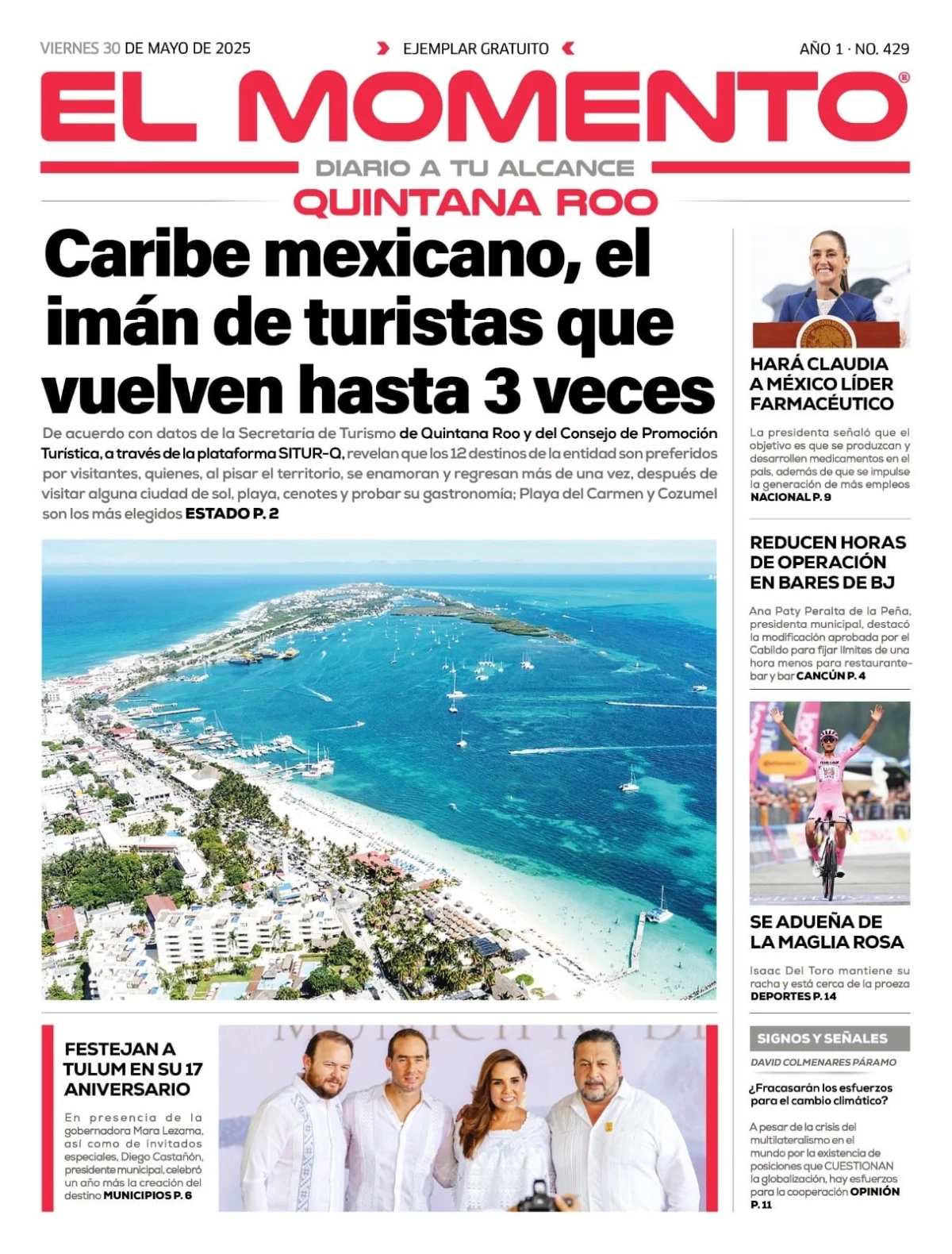 Portada de El Momento Quintana Roo del viernes, 30 de mayo de 2025