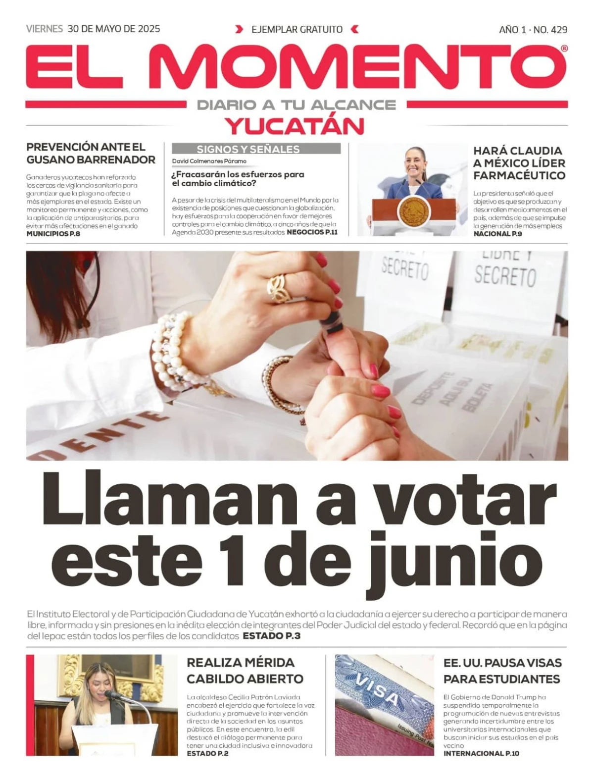 Portada de El Momento Yucatan del viernes, 30 de mayo de 2025