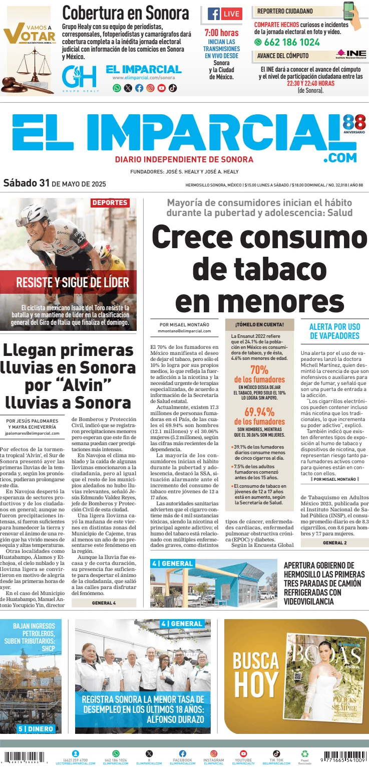 Portada de El Imparcial del sábado, 31 de mayo de 2025