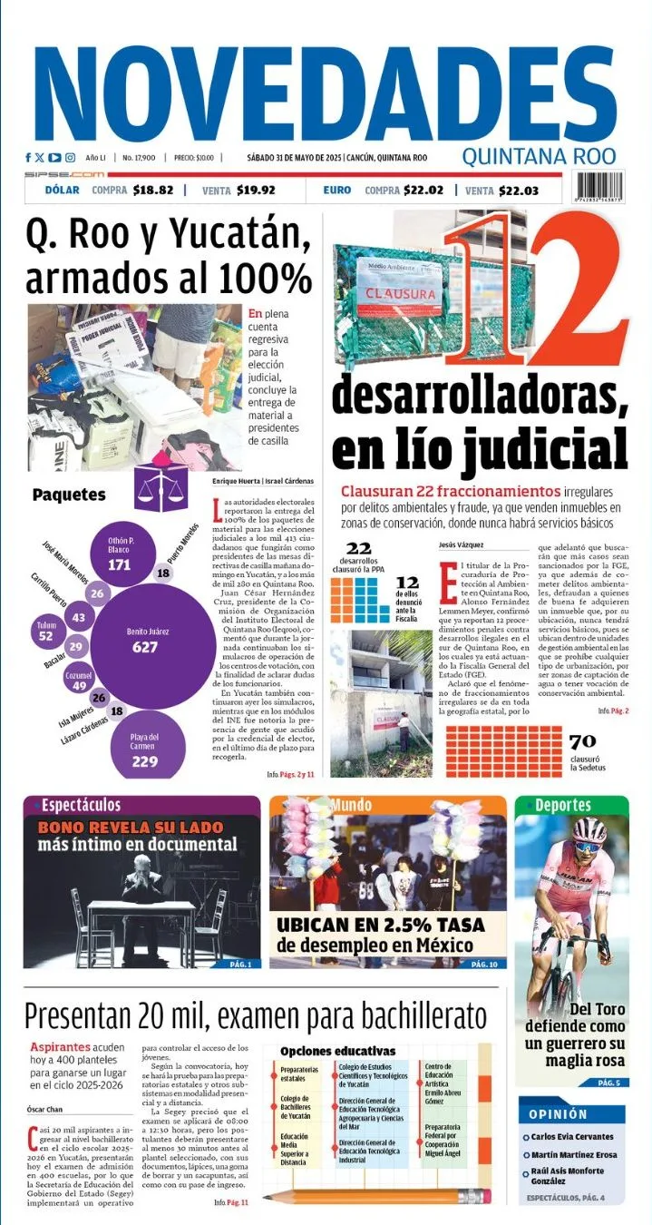 Portada de Novedades Quintana Roo del sábado, 31 de mayo de 2025